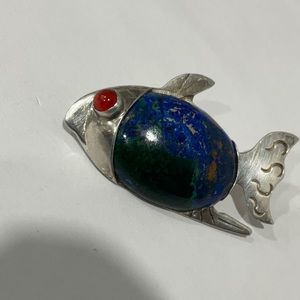 Signed Sajen Sterling Azurite Fish Pin Brooch vintage
